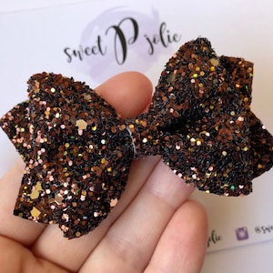 Chocolate Brown Holographic Chunky Glitter Hair Bow // Dark Brown Holiday Fall Hair Clip Headband // Large Girls Mini Bow Headband