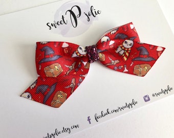 Maroon Wizard Boy Inspired Print Ribbon + Glitter Hair Bow // Wizard Glitter Hair Bow Headband // Girls Newborn Baby Toddler