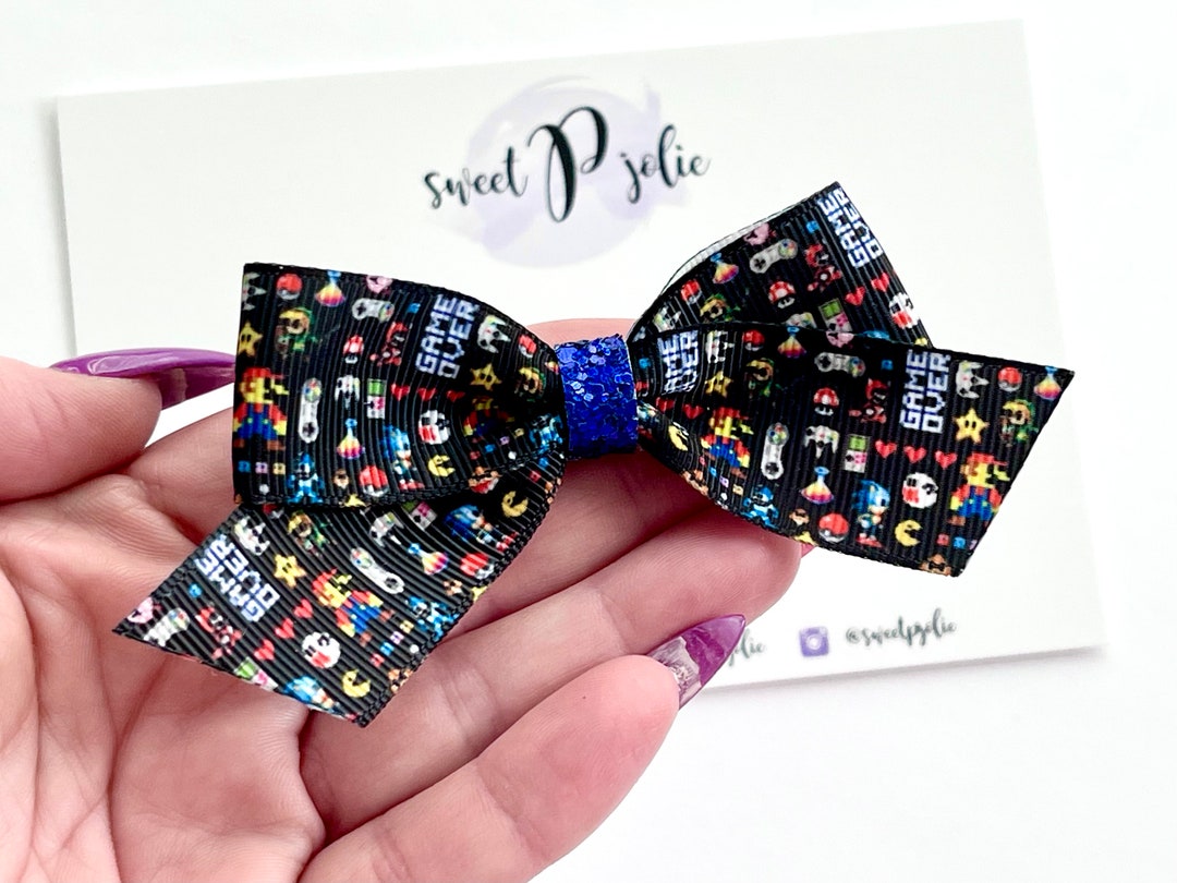Retro Video Game Inspired Print Ribbon + Glitter Hair Bow // Video Game ...