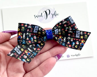 Retro Video Game Inspired Print Ribbon + Glitter Hair Bow // Video Game Character Inspired Print Bow Headband