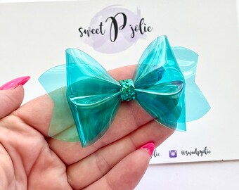 Bright Teal Transparent Jelly + Glitter Hair Bow // Summer Pool Bow Water Resistant Headband Hair Clip // Large Girls Mini Baby Bow