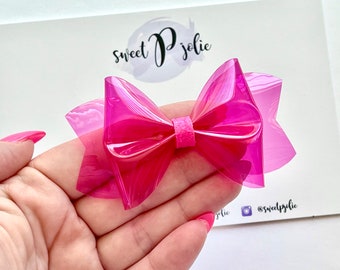 Brightest Pink Transparent Jelly + Glitter Hair Bow // Summer Pool Bow Water Resistant Headband Hair Clip // Large Girls Mini Baby Bow