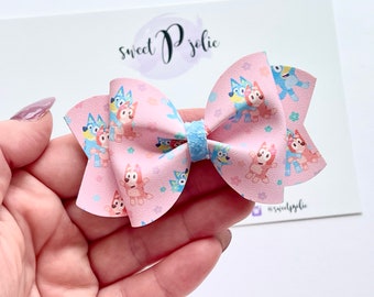 Blue Dog Family Inspired Mini Pink Floral Print Faux Leather + Glitter Hair Bow // Blue Dog Character Inspired Print Hair Clip Headband