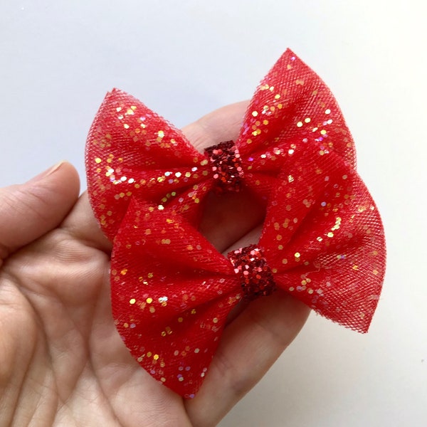 Red Iridescent Glitter Tulle Pigtail Hair Bow Set // Summer Piggie Bows Hair Clips // Pigtail Bows Mini Bows Baby Toddler Bow