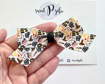 Wizard Boy Inspired Icons Print Ribbon + Glitter Hair Bow // Wizard Glitter Hair Bow Headband // Girls Newborn Baby Toddler