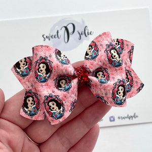 Snow White Inspired Portrait Print Faux Leather + Glitter Hair Bow // Disney Princess Disneyland Inspired Print Hair Clip Headband