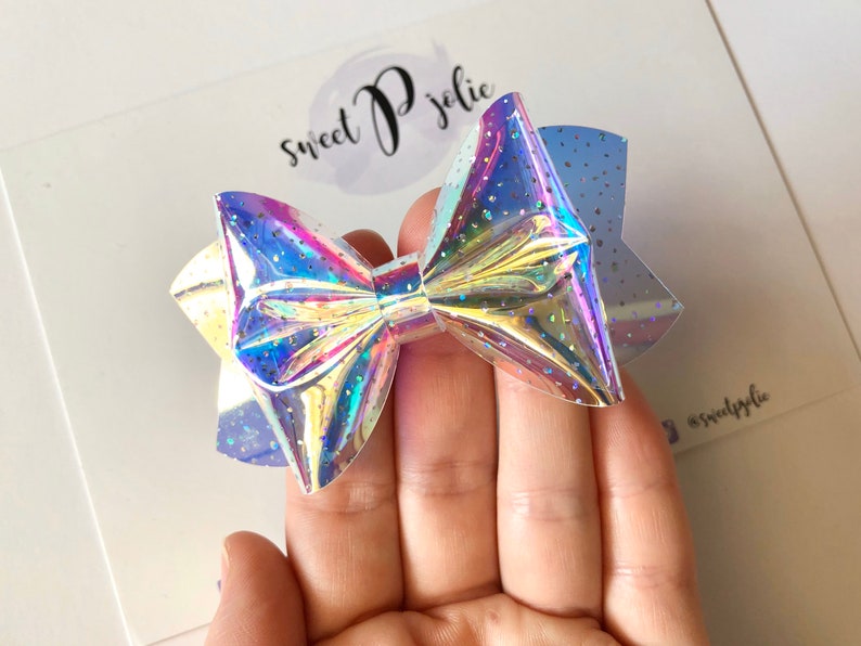 Summer Mermaid Sparkle Holographic Transparent Pool Bow // Jelly Water Bow Summer Pool Bow Waterproof Headband Hair Clip image 3