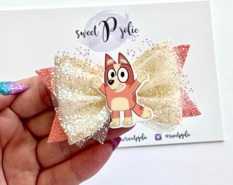 Tan Dog Inspired Center Tulle + Glitter Double Layer Hair Bow // Character Cartoon Girls Baby Toddler Kids Hair Bow Hair Clip Headband