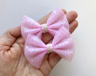 Light Pink Glitter Tulle Pigtail Hair Bow Set // Summer Piggie Bows Hair Clips // Pigtail Bows Mini Bows Baby Toddler Bow