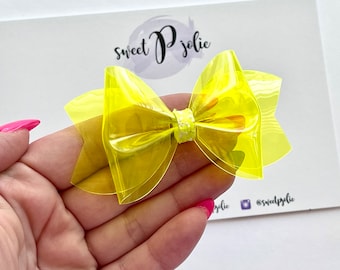 Neon Yellow Transparent Jelly + Glitter Hair Bow // Summer Pool Bow Water Resistant Headband Hair Clip // Large Girls Mini Baby Bow