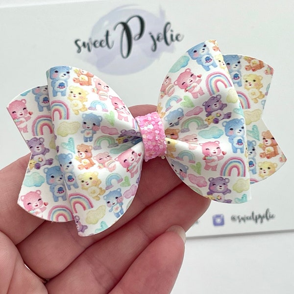 Pastel Care Bear Inspired Print Faux Leather + Glitter Hair Bow // Retro Character Inspired Print Hair Clip Headband