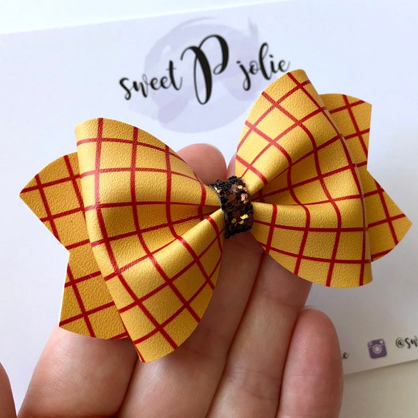 Toy Story Woody Inspired Print Faux Leather + Glitter Hair Bow // Disney Pixar Inspired Print Hair Clip Headband Large Girls Hai