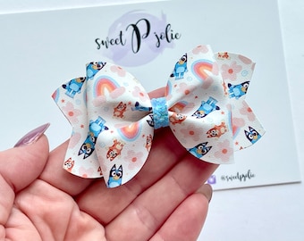 Blue Dog Family Inspired Neutral Cream Rainbows Print Faux Leather + Glitter Hair Bow // Blue Dog Character Inspired Print  Headband