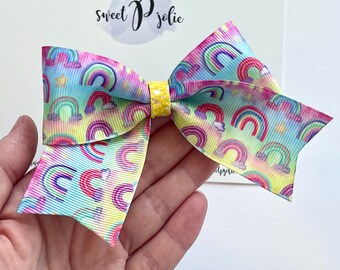 Bright Girly Rainbows Print on Tie Dye XL Ribbon + Glitter Hair Bow // Spring Rainbow Summer Print Hair Bow Headband Big Bow Hair Clip