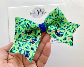 Green and Blue Dinosaur Print XL Ribbon + Glitter Hair Bow // Summer Dinosaur Print Hair Bow Headband Big Bow Hair Clip
