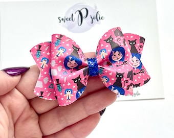 Coraline Inspired Halloween Print Faux Leather + Glitter Hair Bow //  Halloween Headband Hair Clip Girls Headband