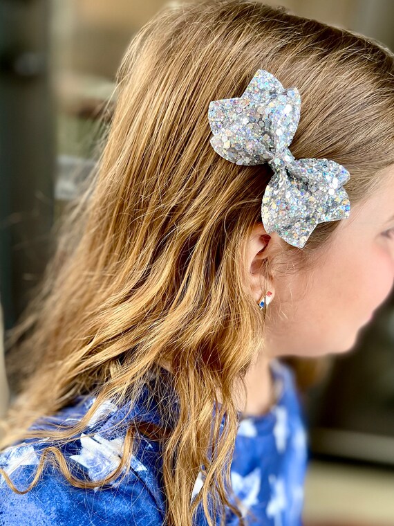 Set Of 6 Silver Bow With Sparkle Hair Clips Topboutique 6 Pcs Metal Hair Bows Claw Clips Silver Bow Hair  main image 3
