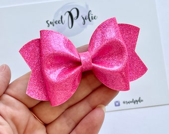 Neon Hot Pink Summer Super Sparkling Glitter Faux Patent Hair Bow // Summer Glitter Hair Clip Headband // Large Girls Toddler Baby