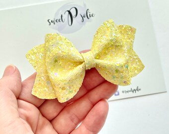 Bright Pastel Yellow Spring Fling Iridescent Glitter Hair Bow // Summer Spring Easter Glitter Headband Hair Clip // Large Girls Baby Bow