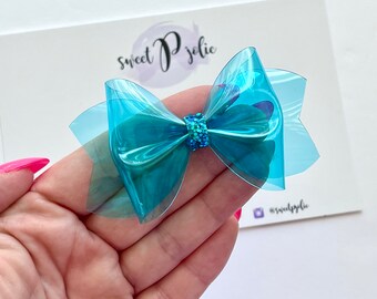 Pool Blue Transparent Jelly + Glitter Hair Bow // Summer Pool Bow Water Resistant Headband Hair Clip // Large Girls Mini Baby Bow