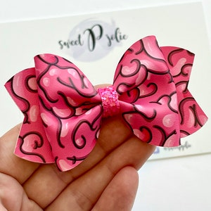 Pink Zombie Brains Print Faux Leather + Glitter Hair Bow //  Halloween Headband Hair Clip // Girls Toddler Bow Headband