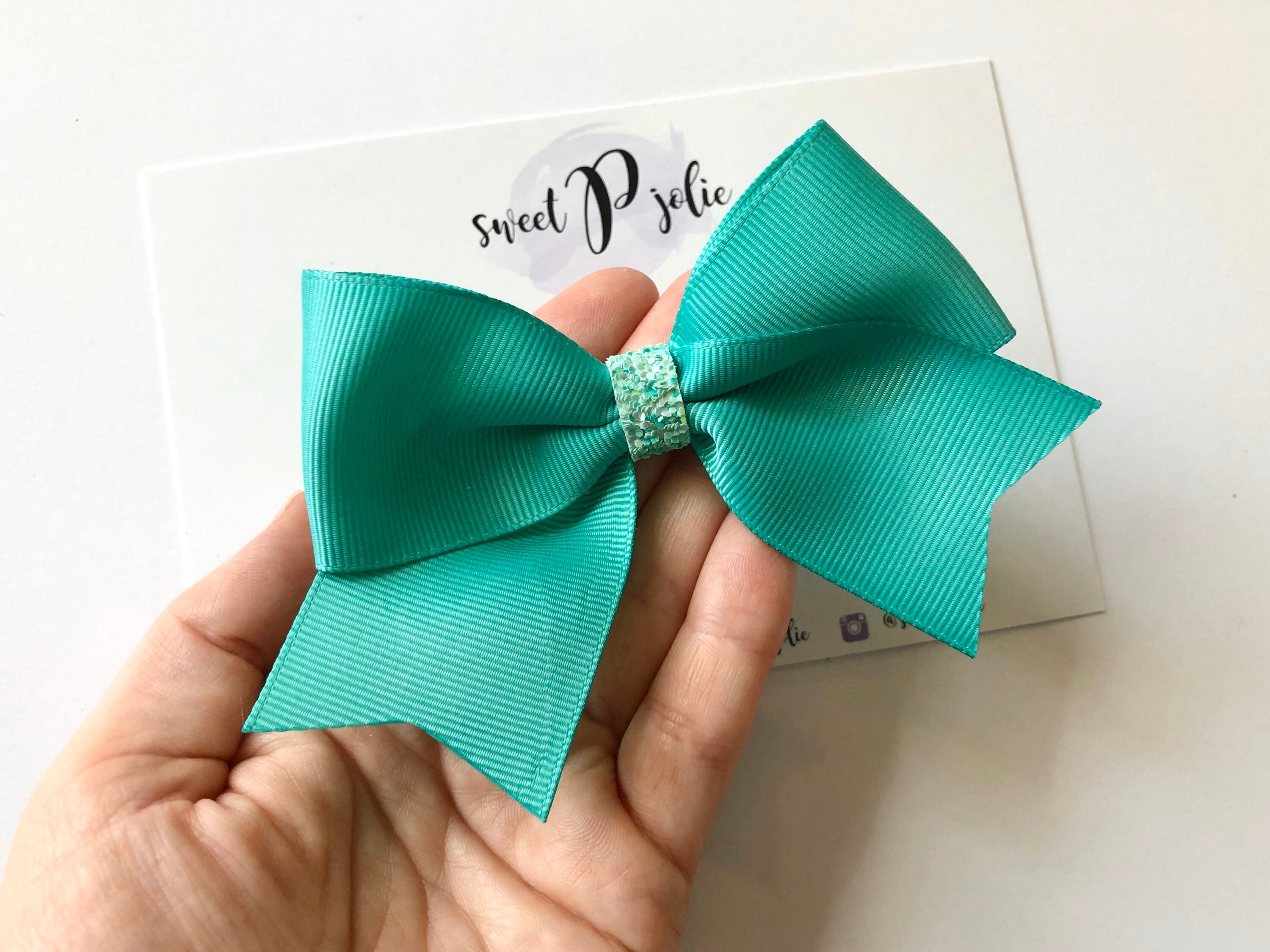 Dark Mint Green XL Ribbon Glitter Hair Bow // Spring Summer Etsy