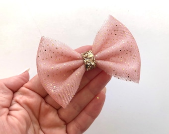 Blush Gold Dot Tulle Hair Bow // Princess Spring Summer Pastel Ballerina Headband Glitter Hair Bow // Girls Baby Toddler Bow