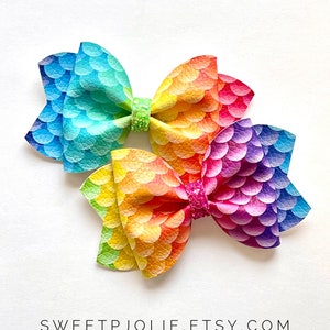 Bright Rainbow Mermaid Scale Print Faux Leather + Glitter Hair Bow // Summer Mermaid Ocean Island Print Hair Clip Headband // Girls Baby