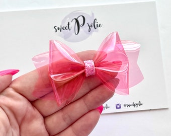 Flamingo Pink Transparent Jelly + Glitter Hair Bow // Summer Pool Bow Water Resistant Headband Hair Clip // Large Girls Mini Baby Bow