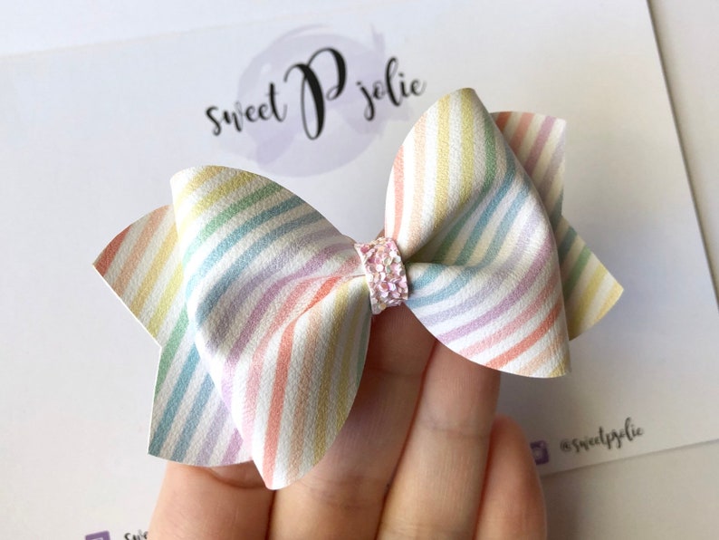 Glitter Hair Bow Spring Easter Hair Clip Headband Girls Newborn Baby Toddler Hair Bow Pastel Rainbow Stripes Print Faux Leather