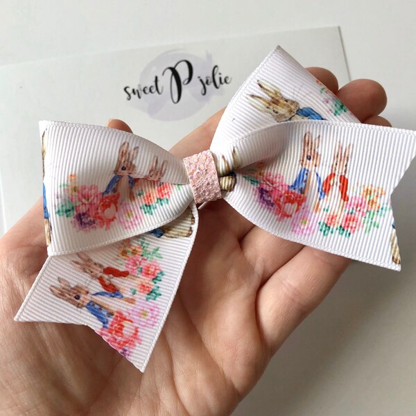 Peter Rabbit + Lily Bobtail Pink Floral Print XL Ribbon + Glitter Hair Bow // Spring Easter Bunny Hair Bow Headband Big Bow Hair Clip