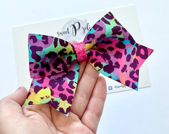 Summer Neon Rainbow Leopard Print XL Ribbon + Glitter Hair Bow // Neon Animal Print Tropical Summer Print Hair Bow Headband Big Bow