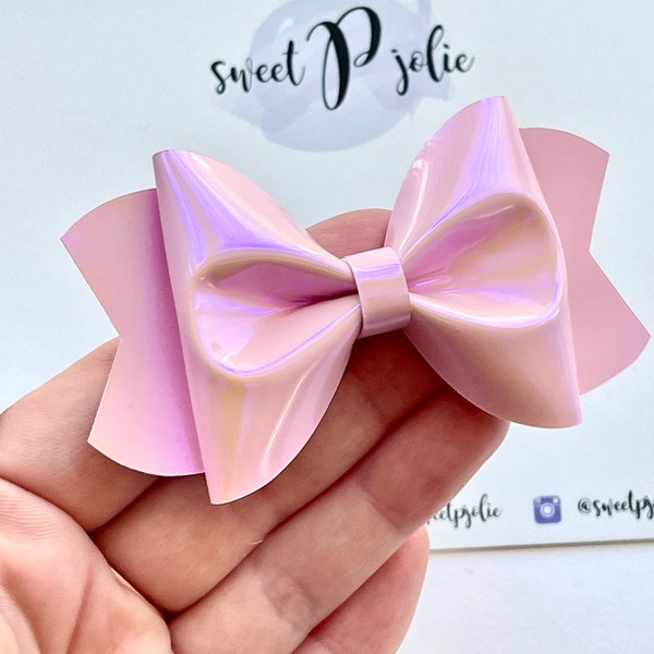 Light Pink Opal Holo Faux Patent Leather Hair Bow // Summer Holographic Iridescent Headband Hair Clip // Girls Toddler Baby Bow Headband