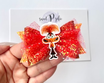 Anxiety Smiling Emotion Cartoon Character Inspired Center Tulle + Glitter Double Layer Hair Bow // Character Cartoon Hair Bow Headband