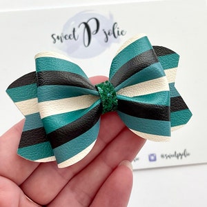 Green Wizard School Inspired Stripes Print Faux Leather + Glitter Hair Bow // Wizardry Movie Wizard Boy Character Inspired Print Hair Clip