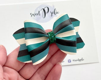Green Wizard School Inspired Stripes Print Faux Leather + Glitter Hair Bow // Wizardry Movie Wizard Boy Character Inspired Print Hair Clip