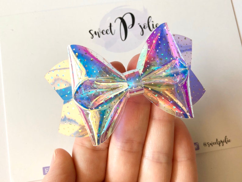 Summer Mermaid Sparkle Holographic Transparent Pool Bow // Jelly Water Bow Summer Pool Bow Waterproof Headband Hair Clip image 1