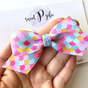 Pink Rainbow Scale Print Ribbon + Glitter Hair Bow // Summer Tropical Mermaid Hair Bow Headband Pigtail Bows // Girls Newborn Baby Bow
