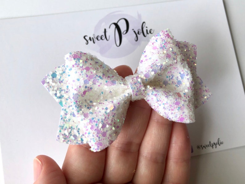 Dream Dazzling Iridescent Fairy Tale Glitter Hair Bow // White Princess Headband Hair Clip // Large Girls Mini Newborn Baby Bow image 2