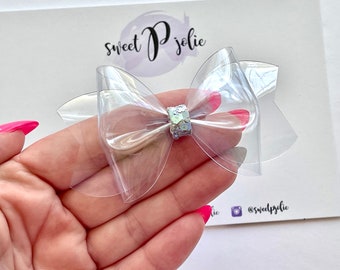 Light Gray Transparent Jelly + Glitter Hair Bow // Summer Pool Bow Water Resistant Headband Hair Clip // Large Girls Mini Baby Bow