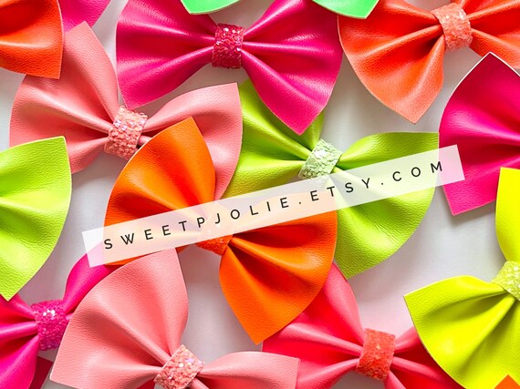 Glitter Pigtail Hair Bow Set  Summer Bright Neon Piggie Bows  Pigtail Bows Mini Toddler Bows Neon Hottest Pink Faux Patent Leather