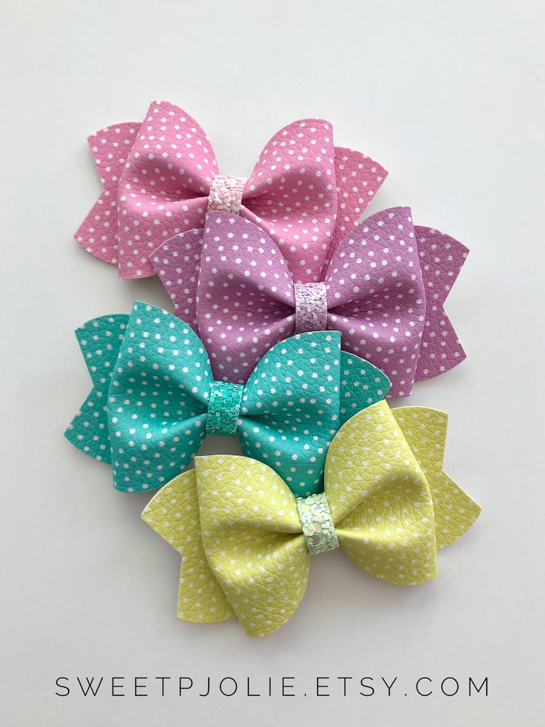 Glitter Hair Bow Spring Summer Hair Clip Headband Girls Toddler Bow Light Green Spring Inspired Confetti Polka Dot Print Faux Leather