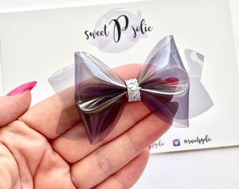 Smokey Gray Transparent Jelly + Glitter Hair Bow // Summer Pool Bow Water Resistant Headband Hair Clip // Large Girls Mini Baby Bow