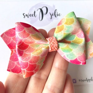 Pink + Lime Green Mermaid Scales Fine Glitter Hair Bow // Summer Mermaid Glitter Headband Hair Clip // Girls Toddler Baby Hair Bow