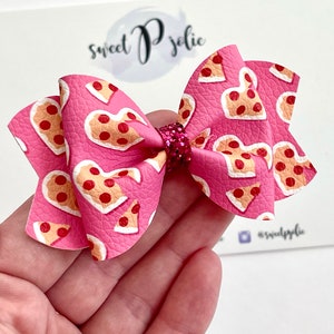 I Heart Pizza Print Faux Leather + Glitter Hair Bow // Valentines Day Headband Hair Clip // Large Girls Toddler Bow