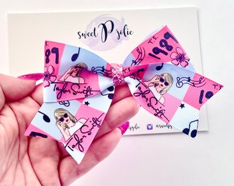 TS Blonde Pop Singer Inspired Checkered 89 Print XL Ribbon + Glitter Hair Bow // Character Inspired Hair Bow Headband Large Girls