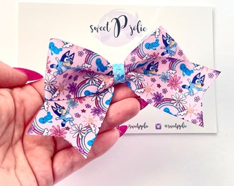 Blue Dog Family Inspired Spring Floral Rainbows Print XL Ribbon + Glitter Hair Bow // Character Inspired Hair Bow Headband Large Girls