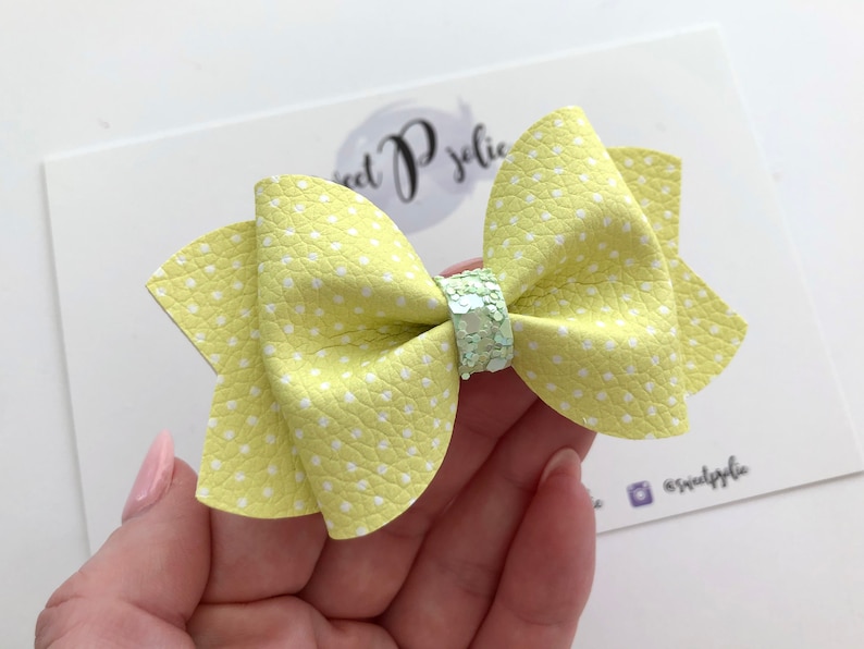 Glitter Hair Bow Spring Summer Hair Clip Headband Girls Toddler Bow Light Green Spring Inspired Confetti Polka Dot Print Faux Leather