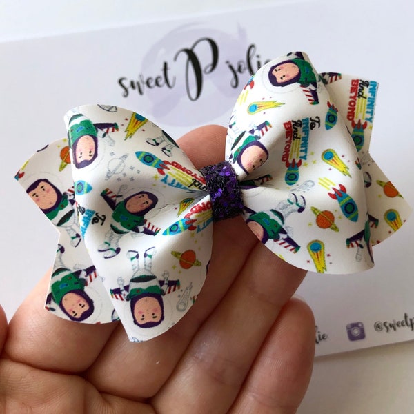 Toy Story Buzz Lightyear Character Inspired Print Faux Leather + Glitter Hair Bow // Disney Pixar Inspired Print Hair Clip Headband