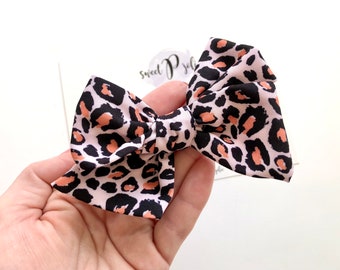 Blush Pink Leopard Print Hand Tied Fabric Hair Bow // Fabric Hand Tied Hair Clip Headband Baby Toddler Hair Bow Animal Print Summer Bow